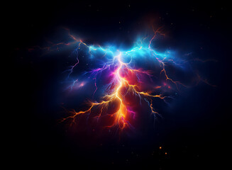 Poster - A vibrant, abstract depiction of two lightning bolts colliding, one blue and one orange-red, against a dark background, creating a fiery, energetic spectacle.