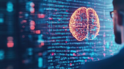 Aufkleber - Businessman and a digital brain hologram connected by streams of binary code, futuristic office background, dynamic perspective, neon highlights, vivid details