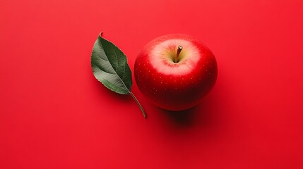 Wall Mural - Single red apple with a green leaf on a red background.