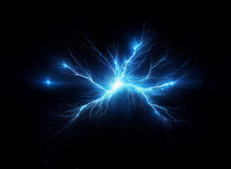 Fototapete - Intense blue electrical energy bursts from a central point, branching outward in a chaotic yet symmetrical pattern against a stark black background.  The glowing light suggests power and raw energy.