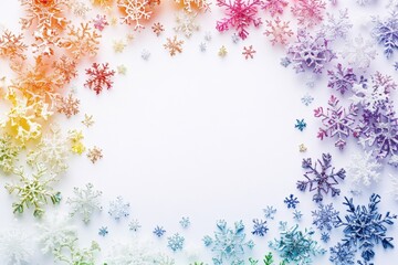 Leinwandbilder - Vibrant and intricate snowflakes in rainbow colors form a decorative border, perfect for seasonal greetings or creative winter projects. Generative AI