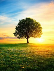 Aufkleber - A solitary tree commands attention in an expansive field as the sun sets, painting the sky with brilliant colors while leaving room for text. Generative AI