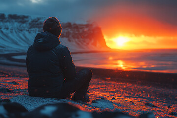 Wall Mural - Person sits observing a vibrant sunset over a snowy beach