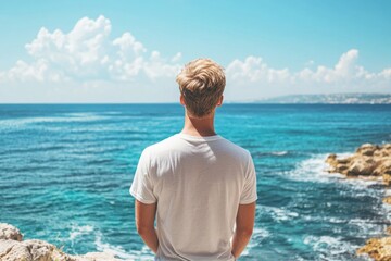 a man in a white t shirt gazes at a tranquil ocean scene under a bright blue sky.
