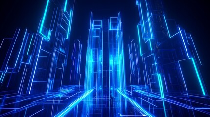 Wall Mural - Futuristic Neon Cityscape with Glowing Blue Lines and Abstract Digital Architecture at Night