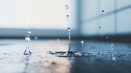 Wall Mural - Close-up of water droplets splashing on a smooth surface, creating an artistic effect with light reflections.