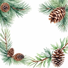 Wall Mural - Watercolor christmas frame with fir branches, pine cone, cotton, leaves isolated on white background.