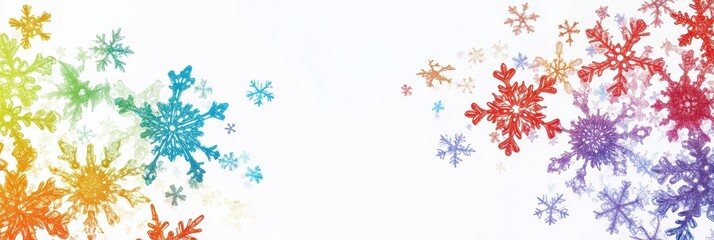 Aufkleber - Rainbow-colored snowflakes with detailed designs float across a light background, creating a whimsical atmosphere perfect for holiday themes. Generative AI