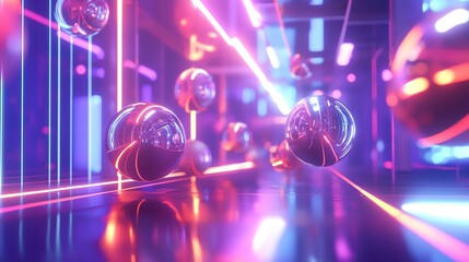 Wall Mural - abstract 3d rendering of glowing spheres in a neon-lit futuristic space.