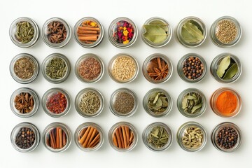 Fototapete - Brightly colored spices in small jars, along with bay leaves and cinnamon sticks, are neatly arranged, providing inspiration for culinary adventures. Generative AI