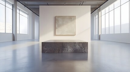 Wall Mural - A stone podium in the middle of an empty showroom with soft lighting and wide, clear space around it, offering a serene backdrop for showcasing a fine art piece or luxury product