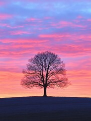 Poster - A solitary tree rises in an expansive field as a stunning sunset casts vivid colors across the sky, creating a serene atmosphere. Generative AI