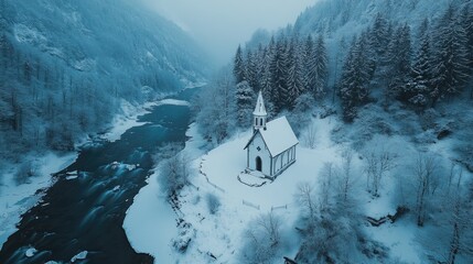 Wall Mural - snowy forest church