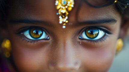 Bright eyes of a young girl adorned with jewelry capture the beauty of a cultural celebration in a vibrant setting