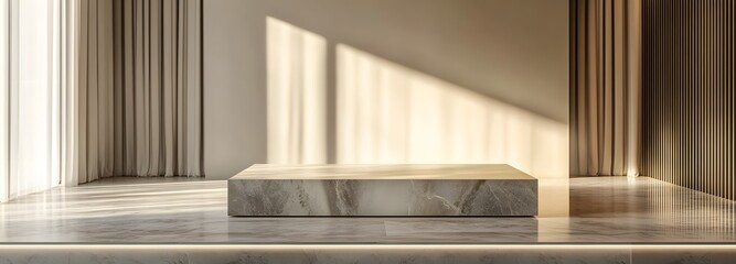 Wall Mural - A polished stone podium on a smooth floor in a large, minimalist room with soft lighting and neutral walls, perfect for displaying luxury goods or innovative products