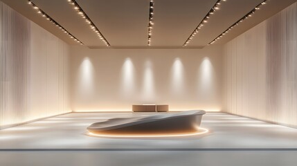 Wall Mural - a futuristic podium placed in the center of a vast, empty showroom, illuminated by soft spotlights a