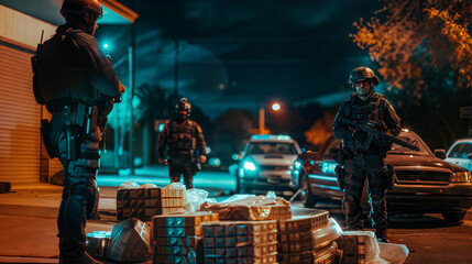 Nighttime swat operation with armed officers securing confiscated goods on urban street