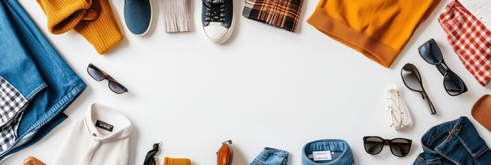 Poster - Various styles of clothing and accessories arranged neatly on a white background create a clean, modern look with ample space for additional text. Generative AI