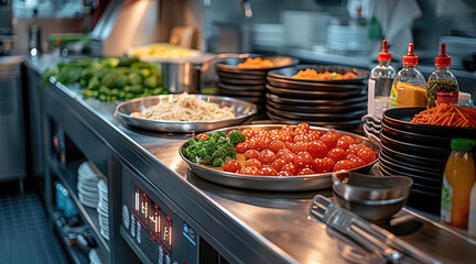 Poster - Inside a professional, clean, well-equipped restaurant kitchen. On the stainless steel worktop, lots of Asian ingredients.