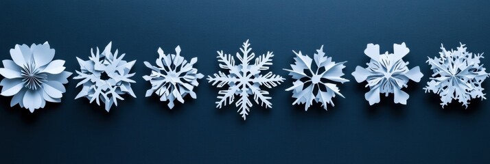 Aufkleber - Beautifully crafted paper snowflakes are arranged in a row, offering an elegant blank canvas for festive greetings and messages. Generative AI