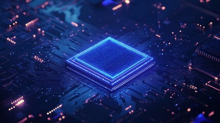 Fototapete - A digital AI chip is integrated into an abstract representation of a technology brain, set against a dark blue background, highlighting innovation. Generative AI