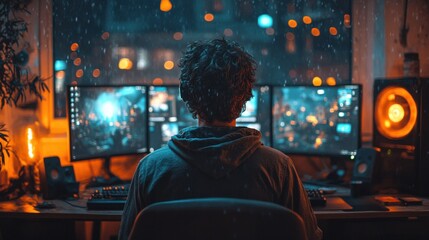Hacker in a dimly lit room with multiple glowing monitors showing data and codes. Cybersecurity, technology, coding, dark atmosphere, tech innovation, digital work.