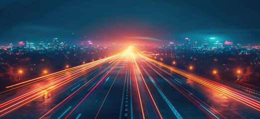 Poster - A straight road with colorful trails stretching toward a horizon, night cityscape.