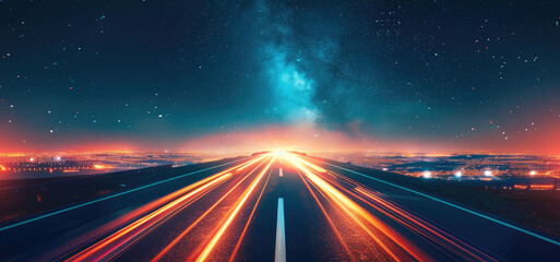 Poster - A straight road with colorful trails stretching toward a horizon, night cityscape.