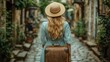 ©  Dreamy Shots - Woman with suitcase in flowy dress, exploring scenic old-town alley, sunny day, vibrant plants, historic charm, travel destination, stone streets, cultural adventure.
