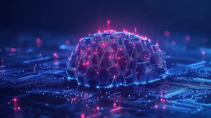 Fototapete - Vibrant AI chip abstract in a brain design, glowing against a dark blue backdrop, symbolizing artificial intelligence. Generative AI