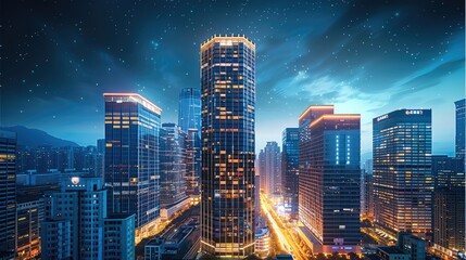 Aufkleber - A cluster of modern skyscrapers glowing under the night sky, with glass facades reflecting dynamic light pattern.