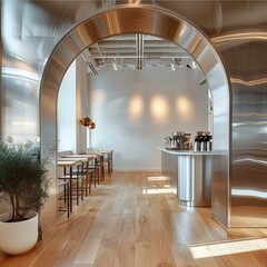 Poster - A stainless steel archway in the entrance of a cafe, with white walls and a polished wood floor.