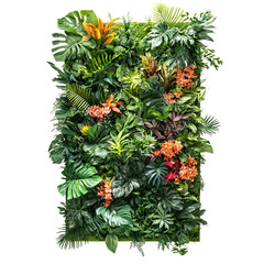 Wall Mural - Lush vertical garden with green tropical plants and flowers, isolated on transparent cutout background