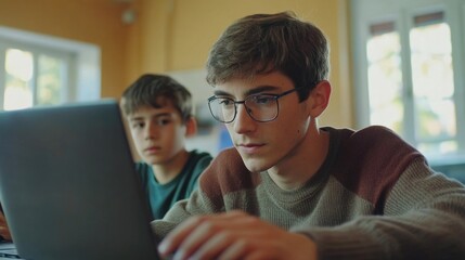 Wall Mural - Two Young Men Working on Laptop