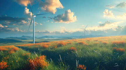 Wall Mural - wind farm or wind park, with high wind turbines for generation electricity.