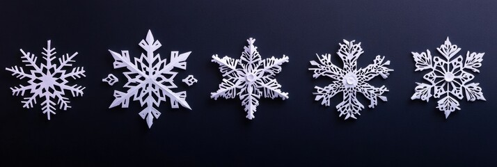 Aufkleber - Five detailed, handcrafted paper snowflakes display intricate designs against a dark background, offering ample space for custom messages. Generative AI