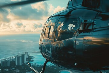 Poster - Helicopter over city and ocean