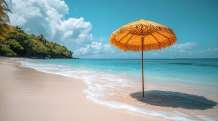 Wall Mural - Tropical beach with straw umbrella casting shadow on golden sand, turquoise ocean waves, exotic summer vacation, relaxation, paradise retreat, tranquil coastal scenery.