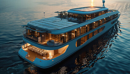 Wall Mural - A ship have a restaurant on top deck, and a roof of solar panels above the restaurant. Aerial high view.