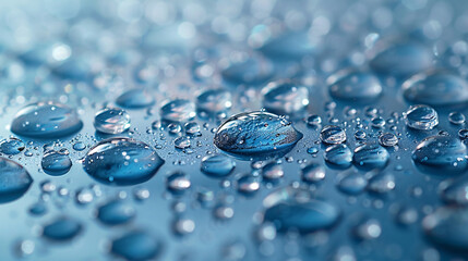 Wall Mural - This image captures a close-up view of water droplets on a vibrant blue surface, showcasing reflections and intricate details
