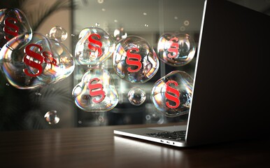 Wall Mural - 3D illustration. Floating iridescent bubbles with legal symbols near a laptop in a contemporary workspace.
