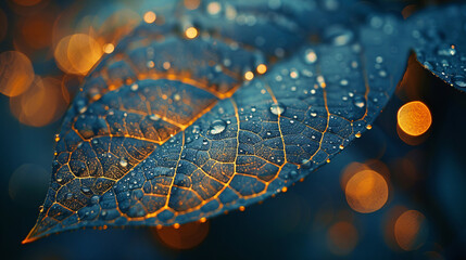 Wall Mural - Macro shot of fresh raindrops on a dark leaf against a backdrop of warm golden bokeh light