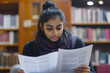 © HNXS Digital Art - Young woman studying in a library, reading documents with focused expression and blurred background