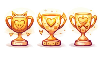 Three golden game icons of three different types of trophy cups in a simple vector style in the hearthstone art style on a white background. One icon per row of the same size with