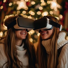 Poster - Women, 2 friends wearing a virtual reality headset, smiling, In the Christmas atmosphere.