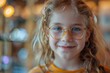 © Tixel - A cheerful blonde girl with curly hair wears stylish round glasses, presenting an image of youthful charm and the joy of modern eyewear fashion in vibrant lighting.
