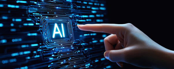 A closeup image of a hand pointing at an AI logo on a futuristic