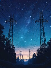 Wall Mural - power lines under starry night sky