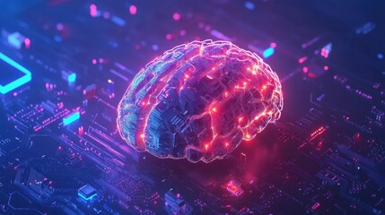 Fototapete - A digital AI chip merges with an abstract brain, highlighting tech and AI integration in a deep blue setting. Generative AI