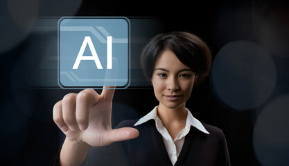 Wall Mural - Woman using Artificial Intelligence. Businesswoman touch AI icon. Futuristic technology concept.